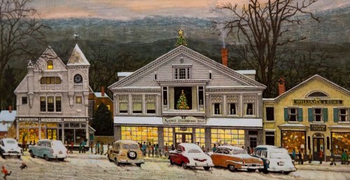 A quaint winter scene featuring vintage cars, festive decorations, and charming shops under a snowy sky.