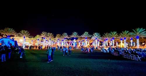 A vibrant outdoor event at night, featuring palm trees lit with colorful lights and a crowd enjoying the festivities.