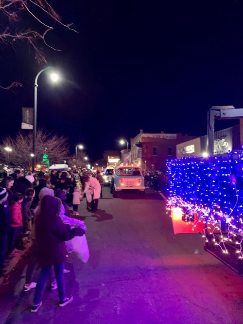 A festive night scene with a crowd watching a parade, illuminated by colorful lights and decorated vehicles.
