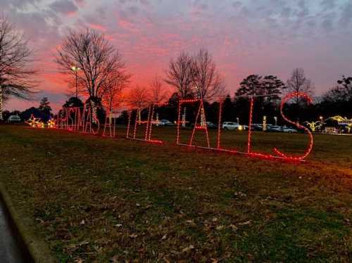 A festive display of lights spelling "Christmas at the Falls" against a colorful sunset sky.