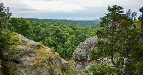 A scenic view of rocky cliffs overlooking a lush green forest and rolling hills under a cloudy sky.