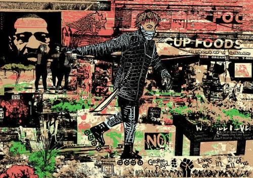 A vibrant collage featuring a figure on roller skates, surrounded by social justice themes and imagery related to George Floyd.