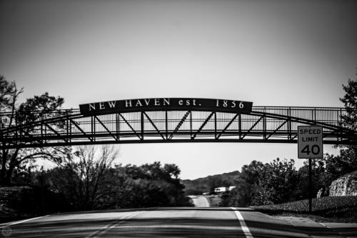 Black and white image of a sign reading "New Haven est. 1856" above a road with a speed limit sign of 40.