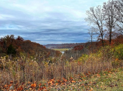 A scenic view of a valley with autumn foliage, a river, and overcast skies in the background.