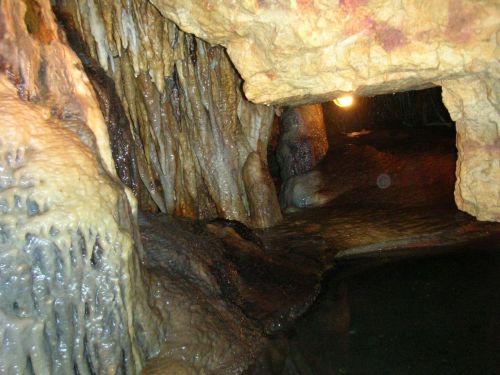 A dimly lit cave with textured rock formations and a small pool of water reflecting the light.