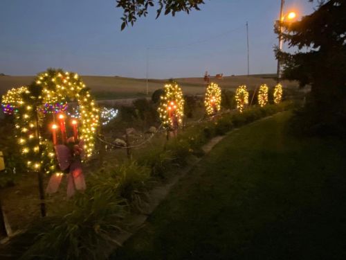 A row of illuminated holiday wreaths with candles, set against a twilight sky and grassy landscape.