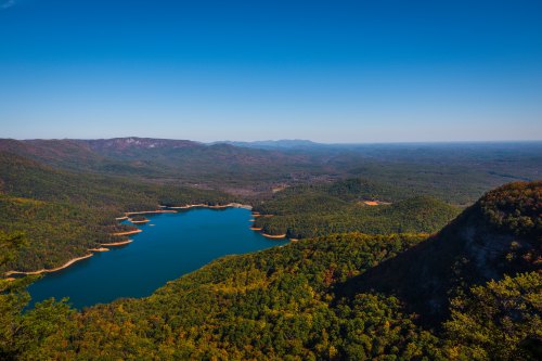 A panoramic view of a serene lake surrounded by lush green forests and distant mountains under a clear blue sky.