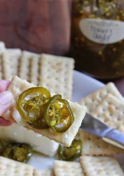 A hand holding a cracker topped with jalapeños, surrounded by more crackers and a jar of jalapeño spread in the background.