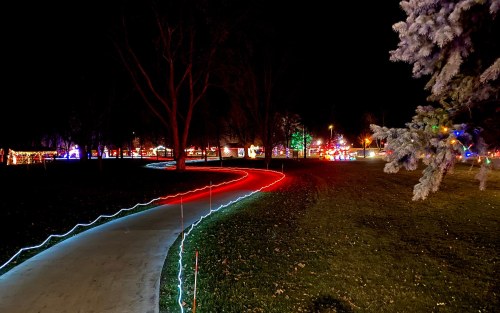 A winding path illuminated by colorful lights in a park at night, surrounded by trees and festive decorations.