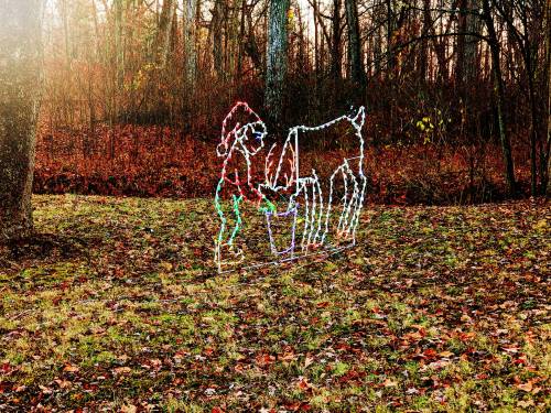 A festive light display of a child in a Santa hat feeding a horse in a wooded area with fallen leaves.