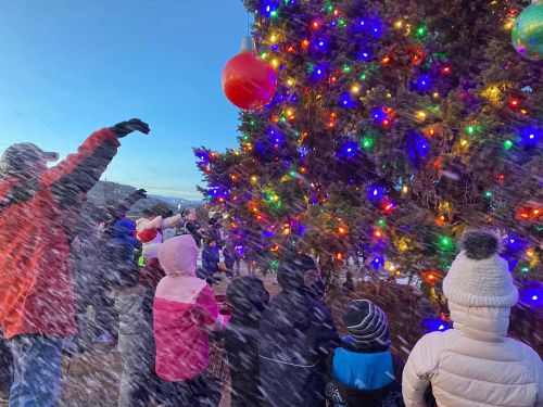 A crowd of children and adults in winter clothing gather around a brightly lit Christmas tree, with snow falling.