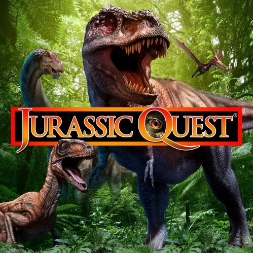 A vibrant jungle scene featuring various dinosaurs with the text "Jurassic Quest" prominently displayed.