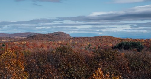 A panoramic view of rolling hills covered in vibrant autumn foliage under a blue sky with scattered clouds.