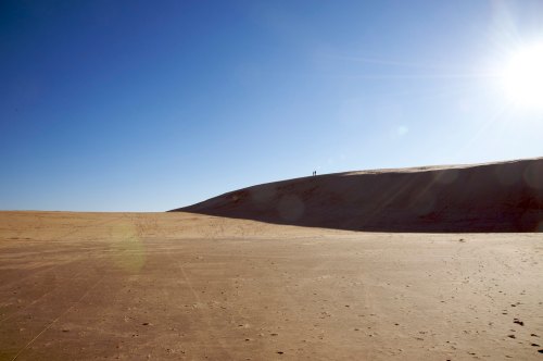 A vast desert landscape with a large sand dune under a clear blue sky and bright sunlight.
