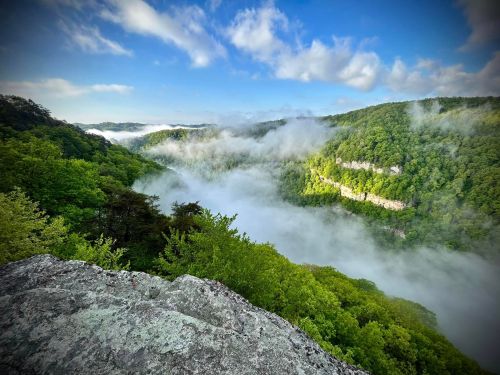 A scenic view of a lush green valley shrouded in mist, with rocky cliffs under a blue sky and fluffy clouds.