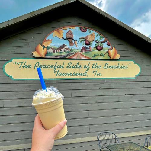 A hand holds a milkshake in front of a sign that reads "The Peaceful Side of the Smokies" in Townsend, TN.