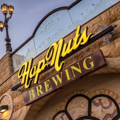 Sign for "Hop Nuts Brewing" with decorative lettering, set against a stone wall and illuminated by warm lighting.