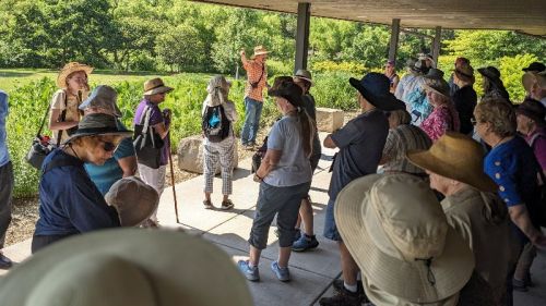 A group of people wearing hats gathers under a shelter, listening to a speaker in a green, outdoor setting.
