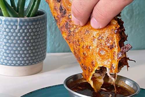 A hand dips a crispy taco into a small bowl of dark sauce, with a potted plant in the background.