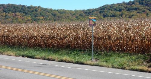 A roadside view of a cornfield with autumn foliage in the background and a colorful sign nearby.