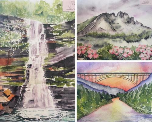 A collage of three watercolor paintings: a waterfall, mountains, and a bridge at sunset, surrounded by nature.