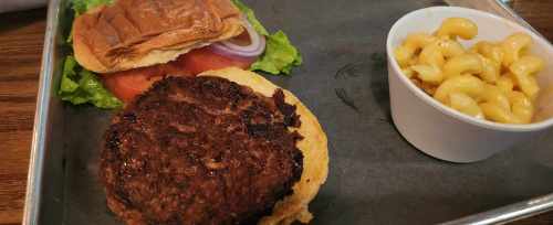 A burger patty on a bun with lettuce, tomato, and onion, served with a side of macaroni and cheese.