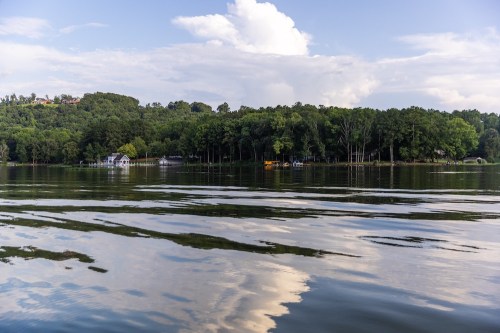 A serene lake scene with calm waters reflecting trees and clouds, featuring a distant shoreline with houses.