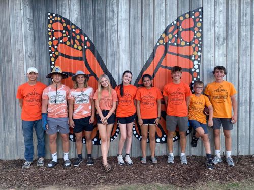 A group of eight people in matching orange shirts stand in front of a large butterfly mural.