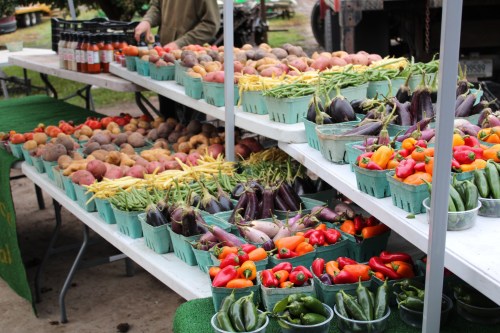 A vibrant farmers market display featuring various fresh vegetables in baskets, including peppers, potatoes, and eggplants.
