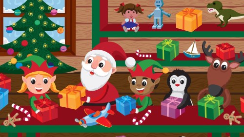 Santa and cheerful elves with gifts, surrounded by toys, a reindeer, and a penguin, in a festive holiday setting.