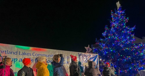 A group of people in winter attire, wearing red hats, admire a brightly lit Christmas tree at night.