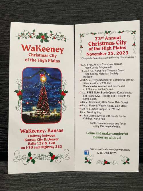 A brochure for the 73rd Annual Christmas City of the High Plains event in WaKeeney, Kansas, featuring a Christmas tree.