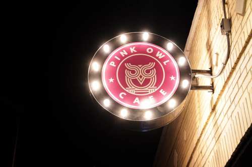 Neon sign for "Pink Owl Cafe" featuring an owl graphic, illuminated against a brick wall at night.