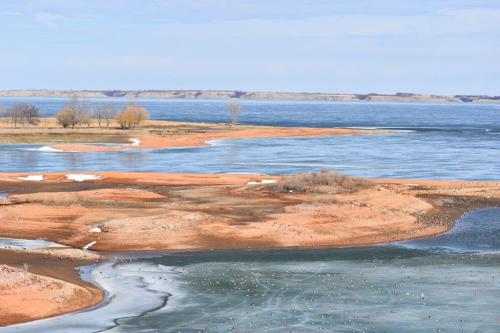 A scenic view of a riverbank with sandy shores, patches of ice, and trees along the water's edge under a clear sky.