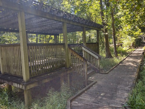 A wooden gazebo surrounded by trees, with a pathway leading to it through lush greenery.