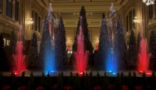 Colorful fountains with red and blue lights surrounded by decorated evergreen trees in a festive indoor setting.