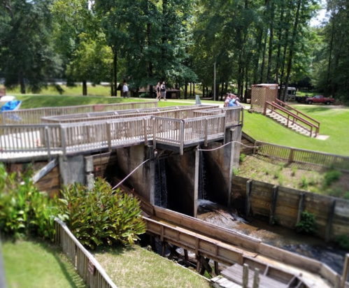 A wooden bridge over a waterway, surrounded by greenery, with people in the background enjoying the park.