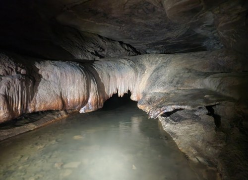 A dimly lit cave with a water pool and stalactites hanging from the rocky ceiling.