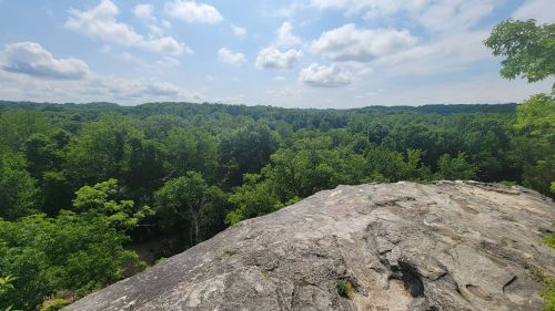A panoramic view from a rocky outcrop overlooking a lush green forest under a partly cloudy sky.