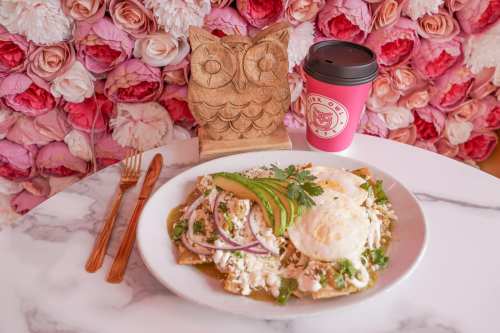A plate of huevos rancheros with avocado, red onion, and a coffee cup, set against a floral backdrop.