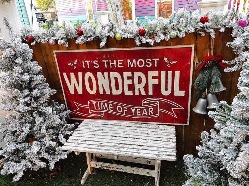 A festive sign reading "It's the Most Wonderful Time of Year" surrounded by frosted trees and holiday decorations.