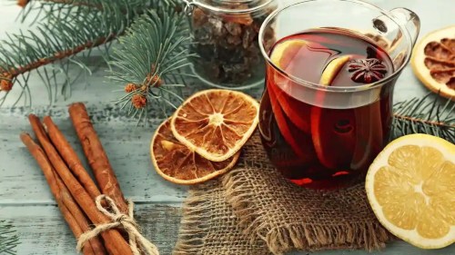 A warm drink with lemon slices and spices, surrounded by dried orange slices and cinnamon sticks on a rustic surface.
