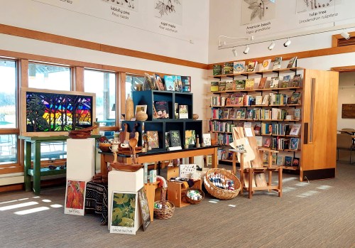 A cozy library corner featuring bookshelves, a display of nature-themed items, and a colorful stained glass window.