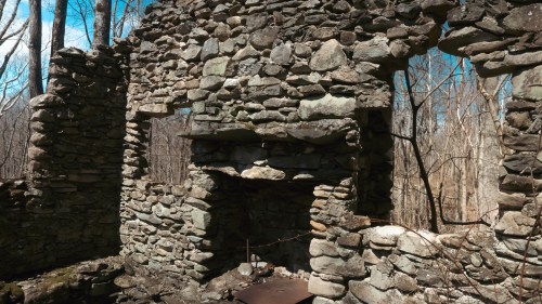 Ruins of a stone structure surrounded by bare trees under a clear blue sky.