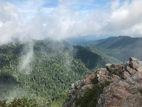 A scenic view of lush green mountains shrouded in mist under a cloudy sky. Rocky foreground adds depth to the landscape.