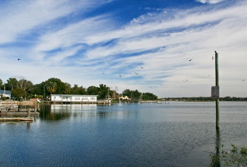 A serene lake scene with a clear blue sky, trees, and a building along the shore, reflecting in the water.