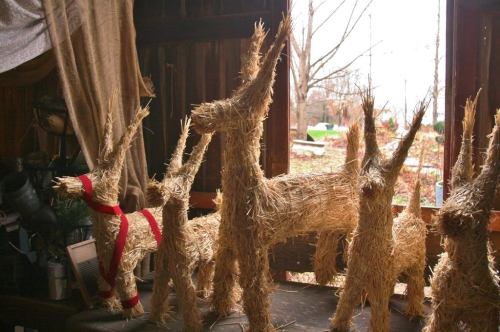 Straw figures shaped like deer, some adorned with red ribbons, displayed in a rustic wooden setting.
