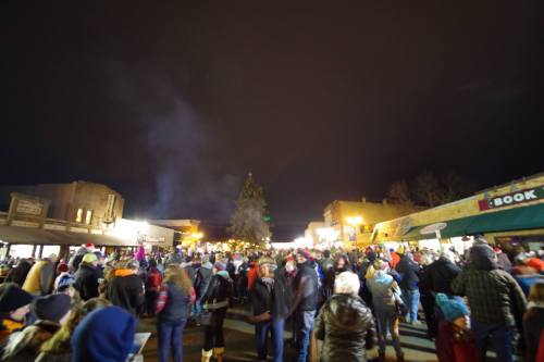 A large crowd gathers at night for a festive event, with a Christmas tree and holiday lights in the background.