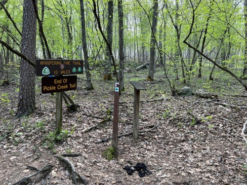 A wooded area with a sign marking the end of Pickle Creek Trail and the start of Whispering Pine Trail.