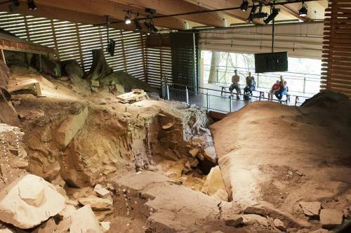 An archaeological site inside a wooden structure, with visitors observing the exposed rock and soil layers.